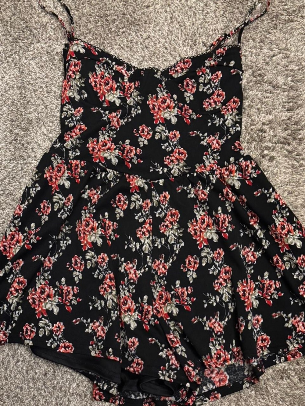 Windsor Black Floral Spaghetti-Strap Romper with Red Blossoms